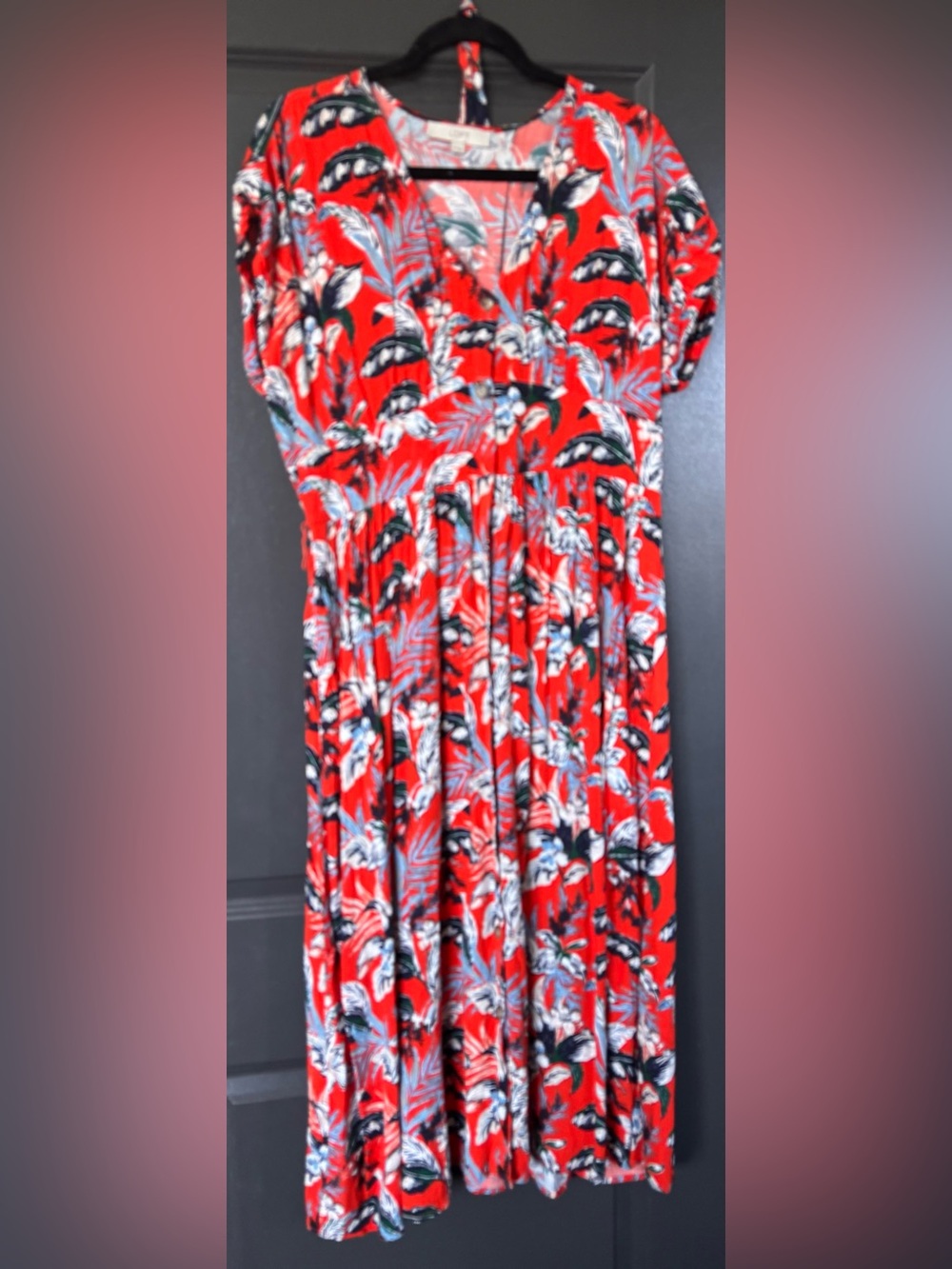 LOFT Red Floral Midi Dress with Black & White Accents